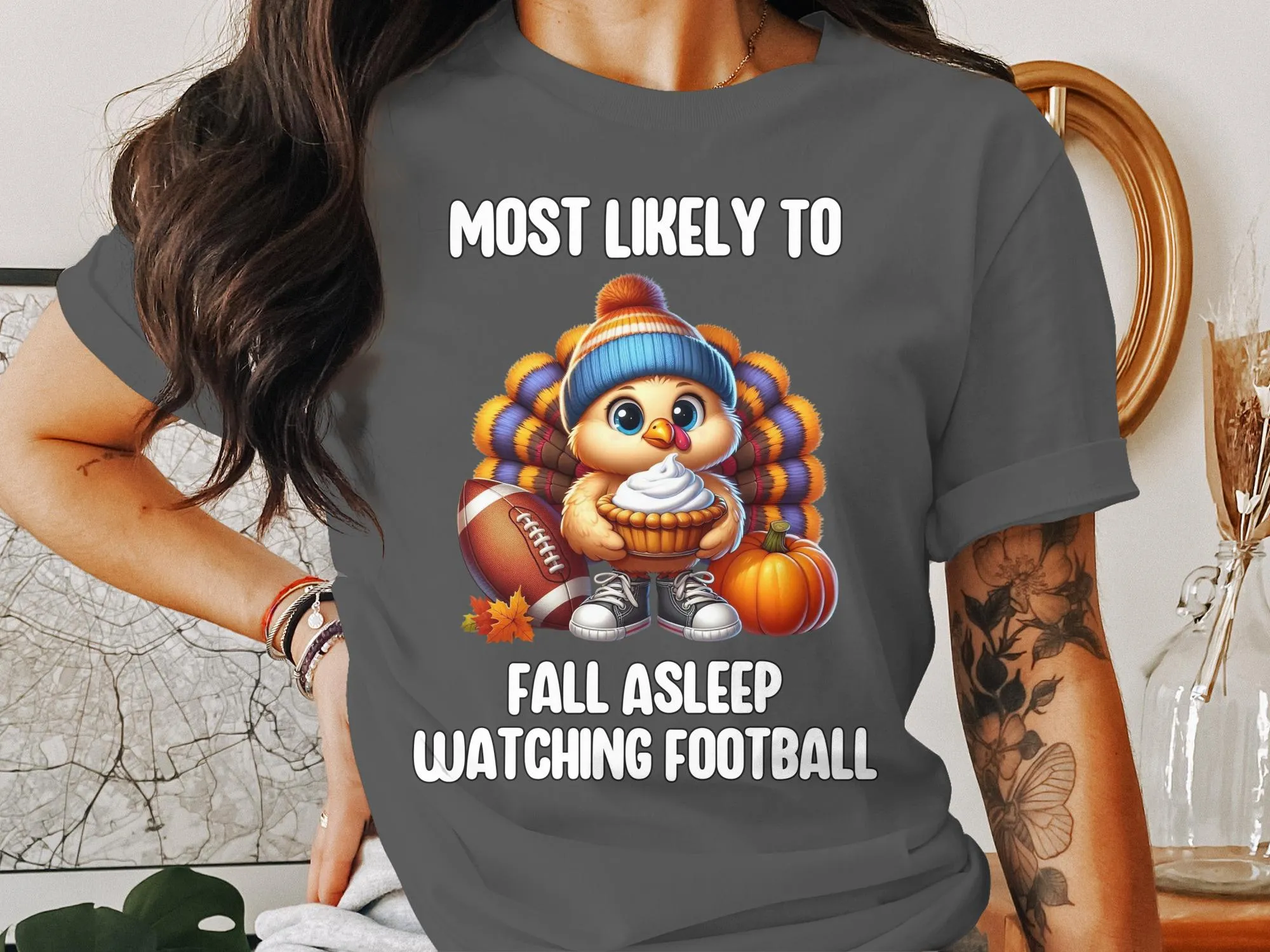 Funny Thanksgiving Football Turkey T-Shirt, Fall Asleep Watching Football Tee, Cute Turkey Pie Humor Shirt, Thanksgiving Family Shirt