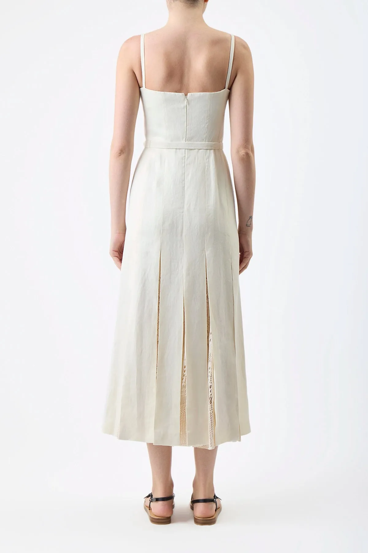 Godard Pleated Dress in Ivory Textured Linen