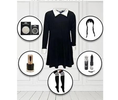 GOTHIC GIRL PLAIN COSTUME WITH PLAIN SWING DRESS BLACK POLISH LIPSTICK  FACE PAINT WIG AND ANKLE. FRILL SOCKS