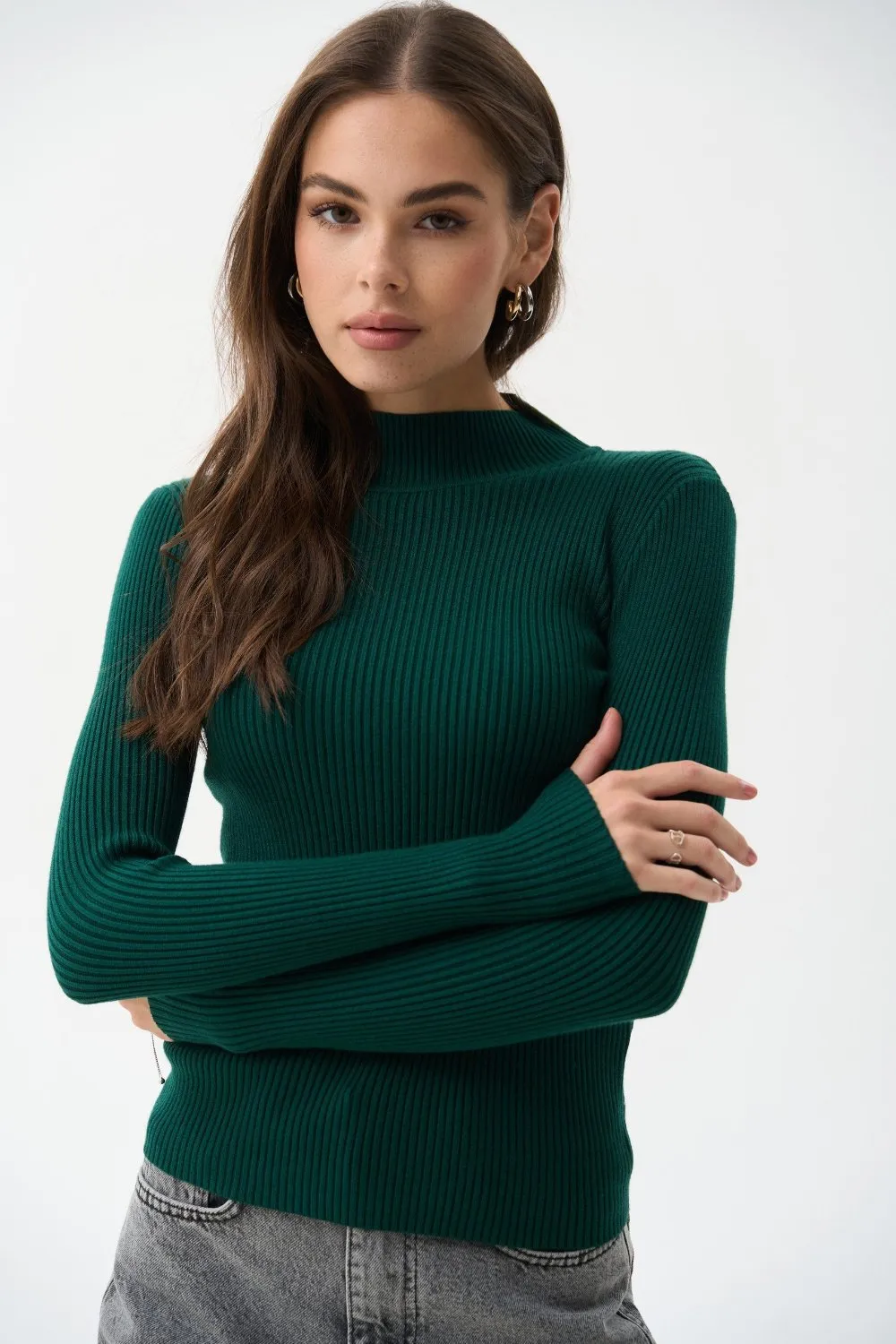 Green Rib Knit Turtleneck Sweater