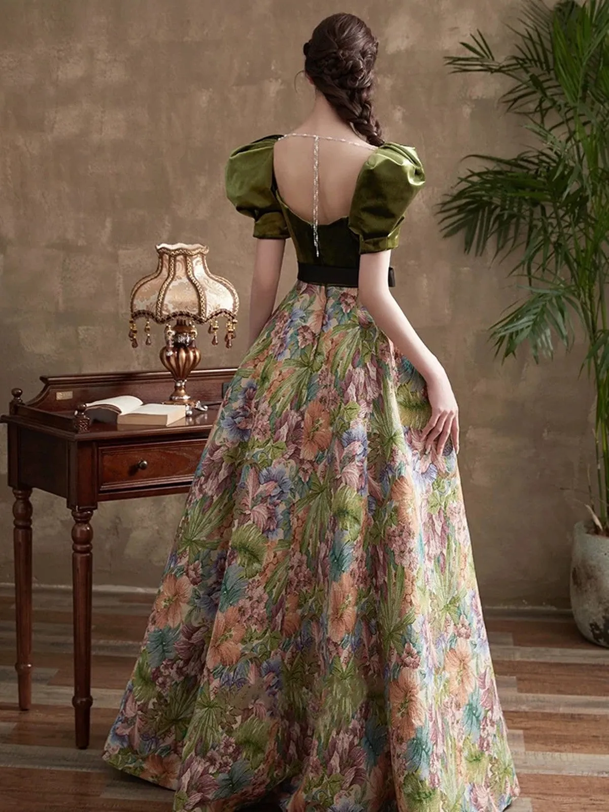 Green Short Sleeves Velvet Floral Long Party Dress, Green A-line Prom Dress