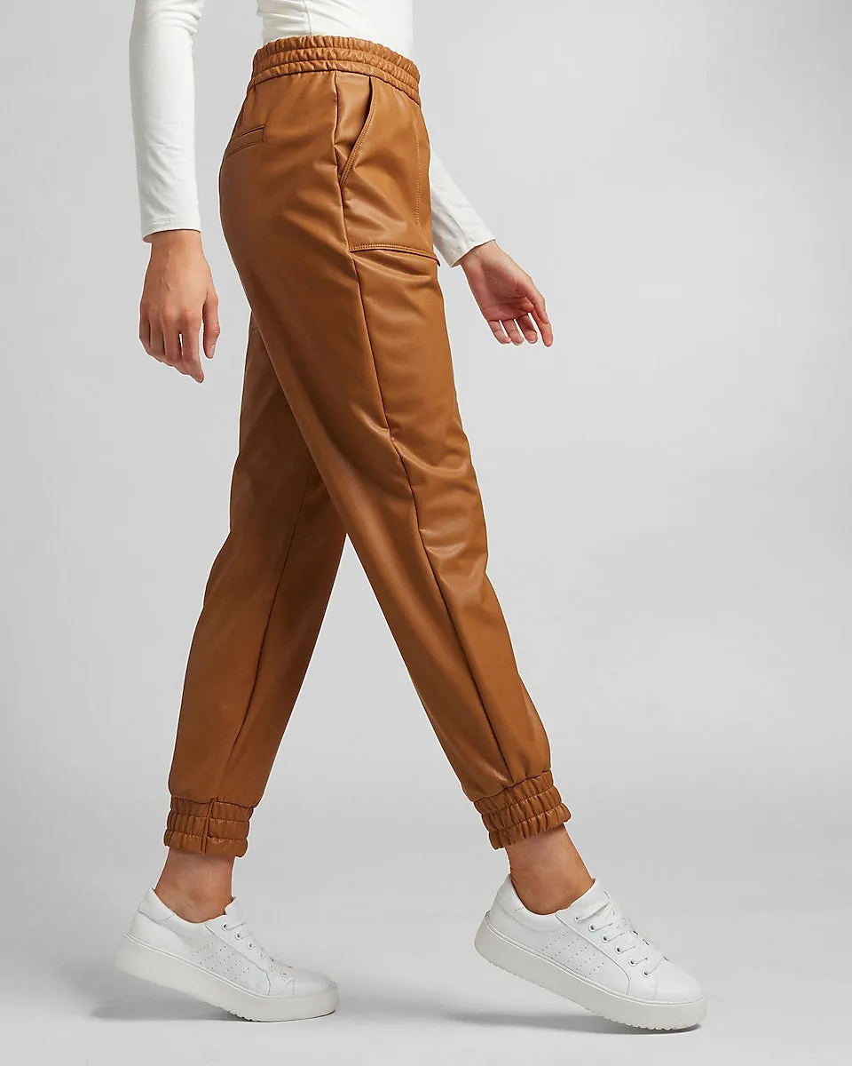 High Waisted Vegan Leather Jogger Pant in Dark Tan Leather