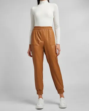 High Waisted Vegan Leather Jogger Pant in Dark Tan Leather