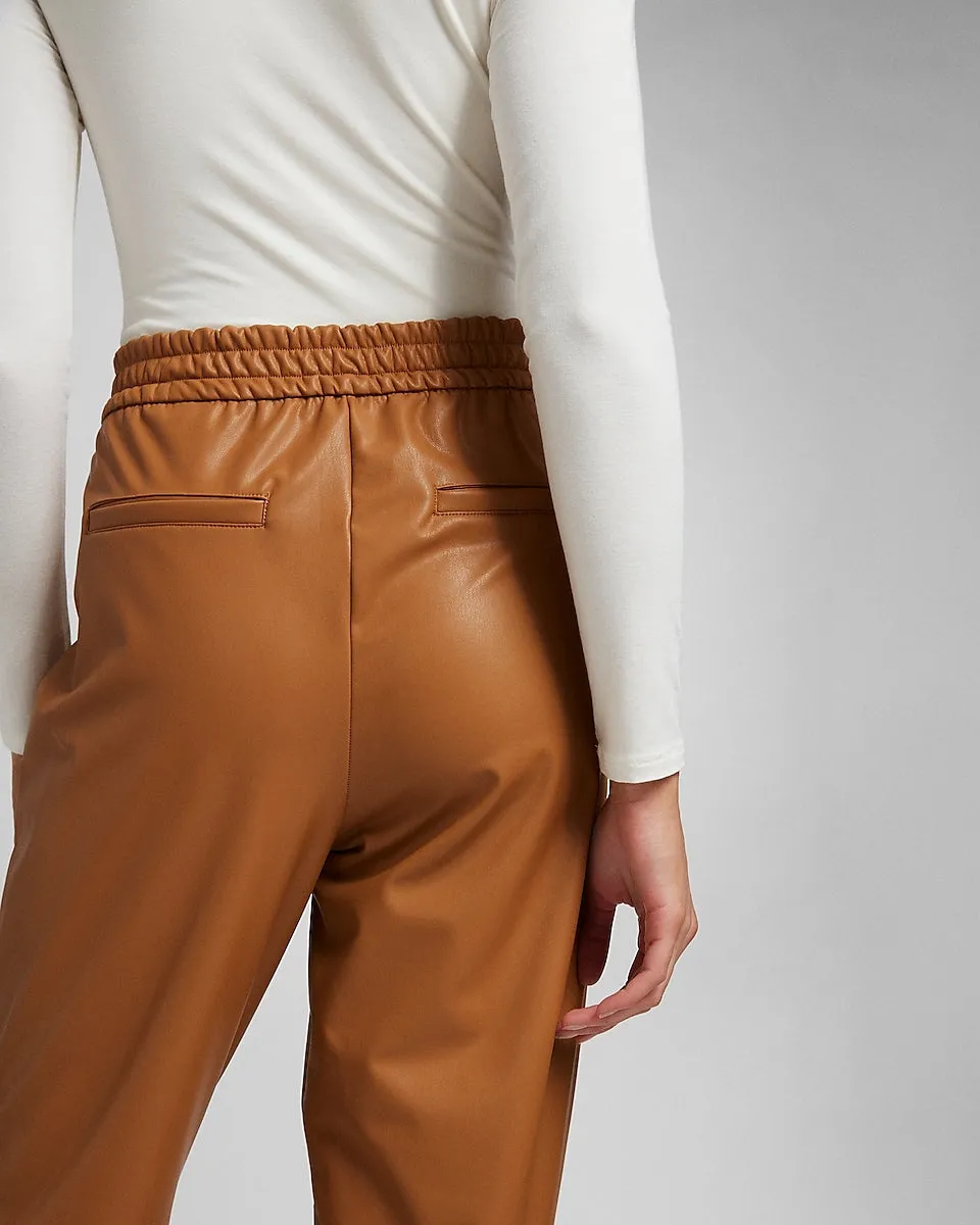 High Waisted Vegan Leather Jogger Pant in Dark Tan Leather