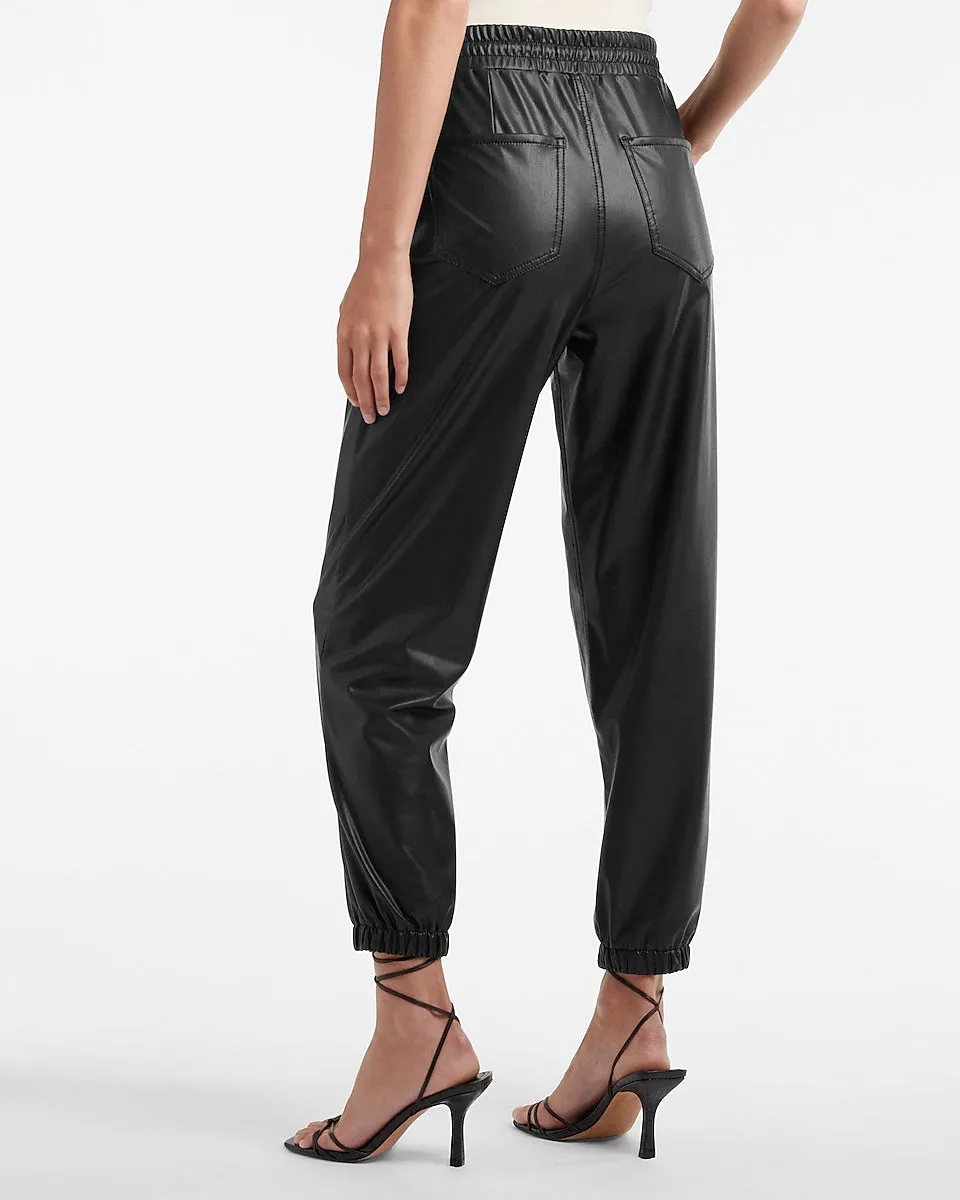 High Waisted Vegan Leather Joggers in Pitch Black