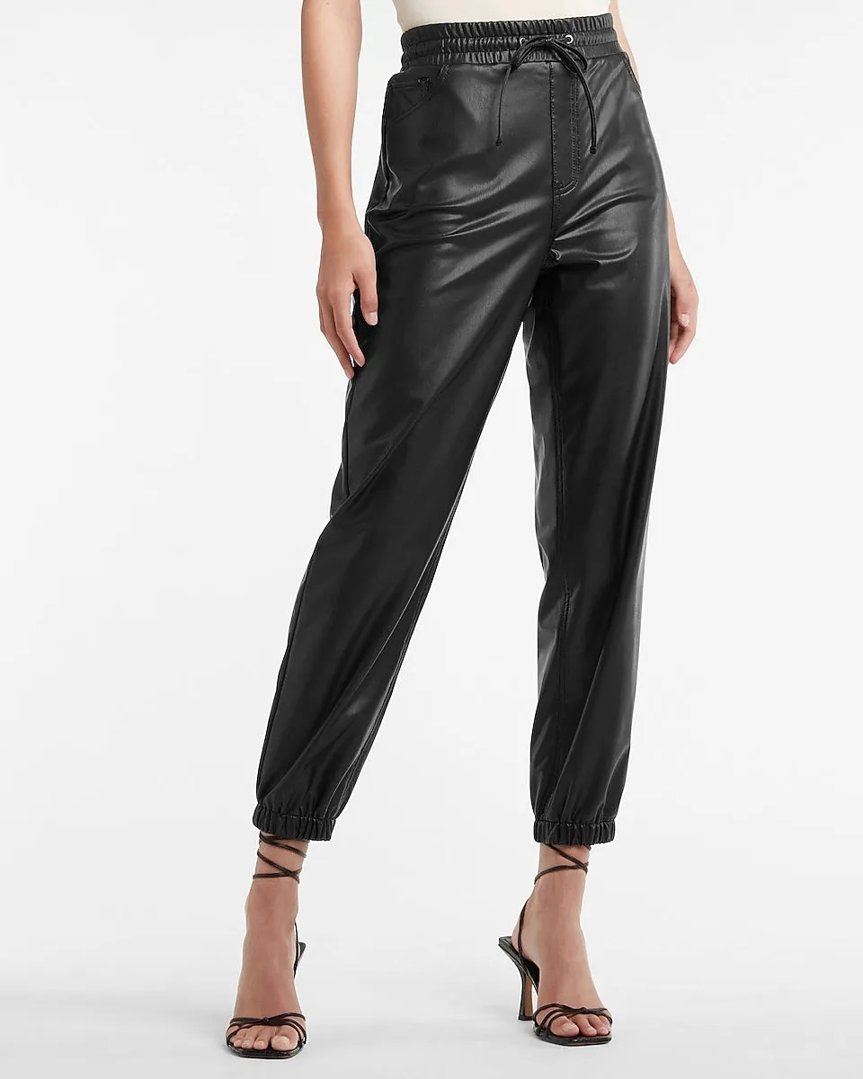 High Waisted Vegan Leather Joggers in Pitch Black