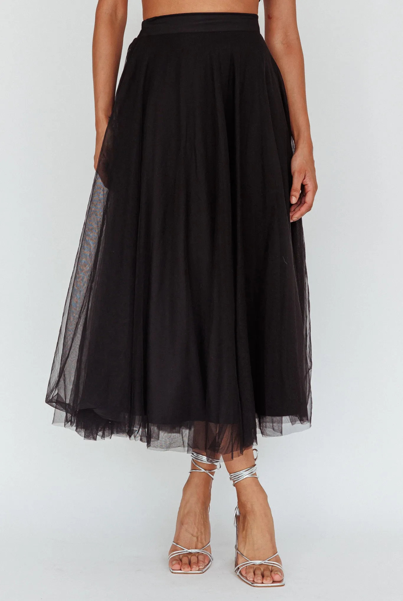 Jasmine Organza Mesh Elasticated Waist Midi Skirt Black