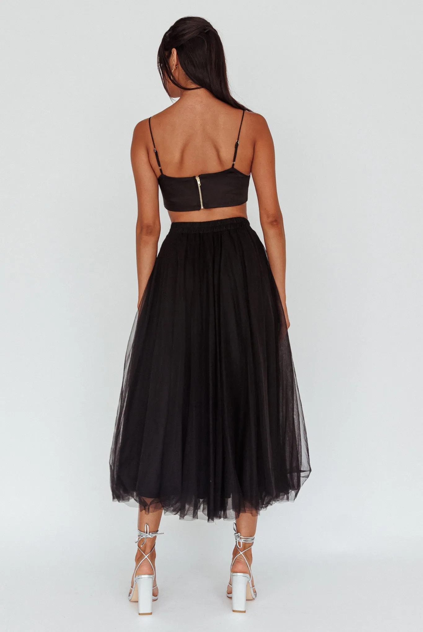 Jasmine Organza Mesh Elasticated Waist Midi Skirt Black