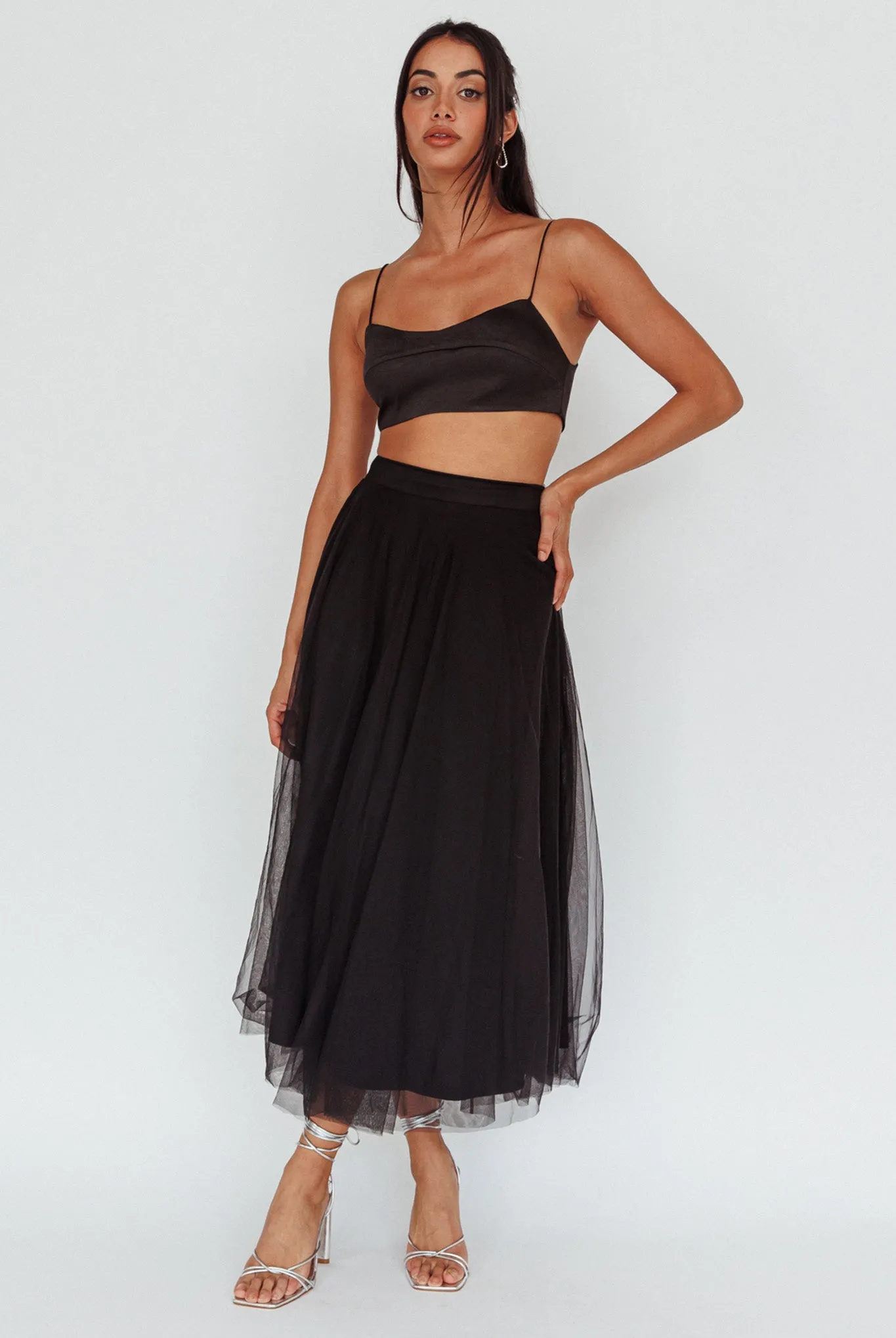 Jasmine Organza Mesh Elasticated Waist Midi Skirt Black