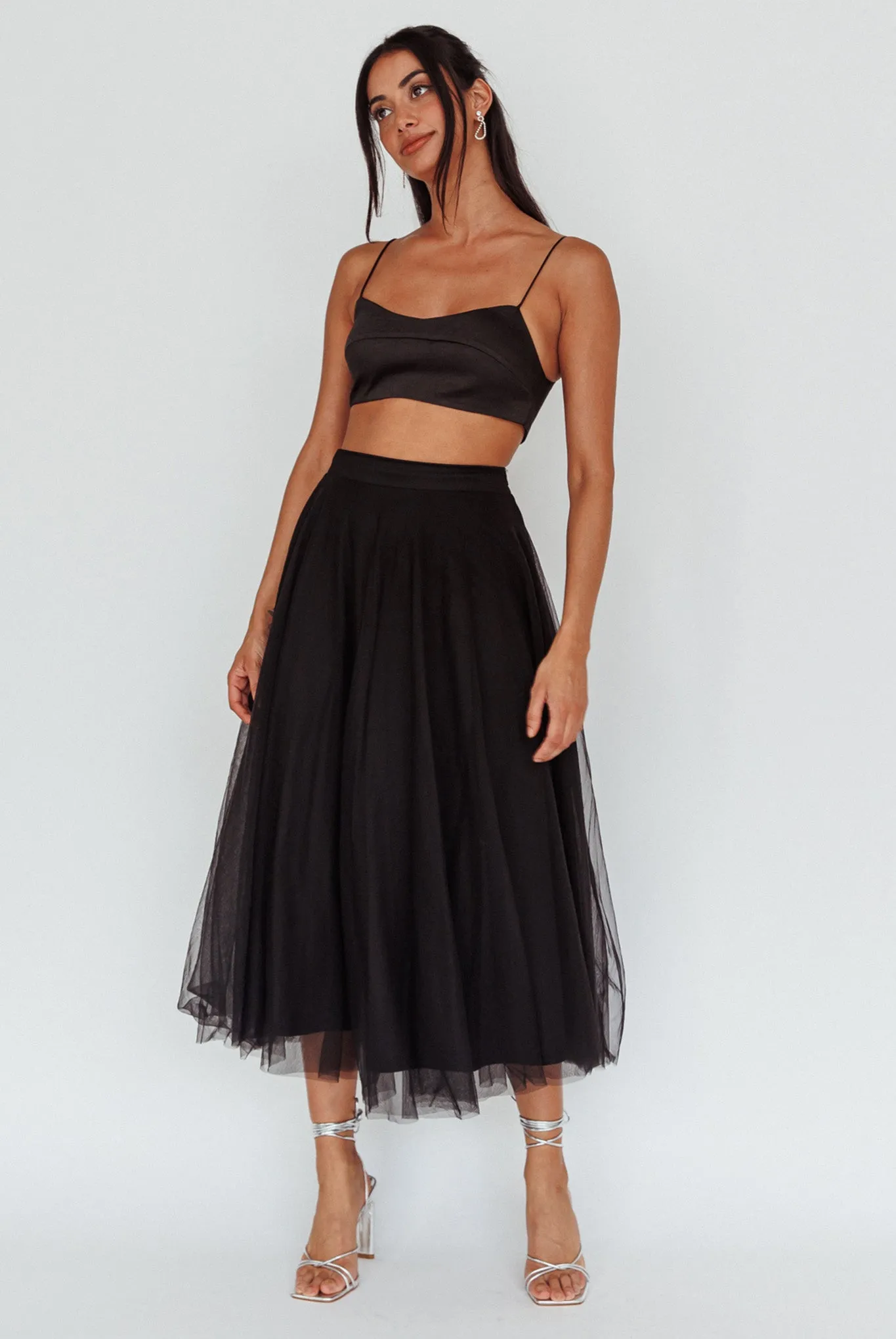 Jasmine Organza Mesh Elasticated Waist Midi Skirt Black