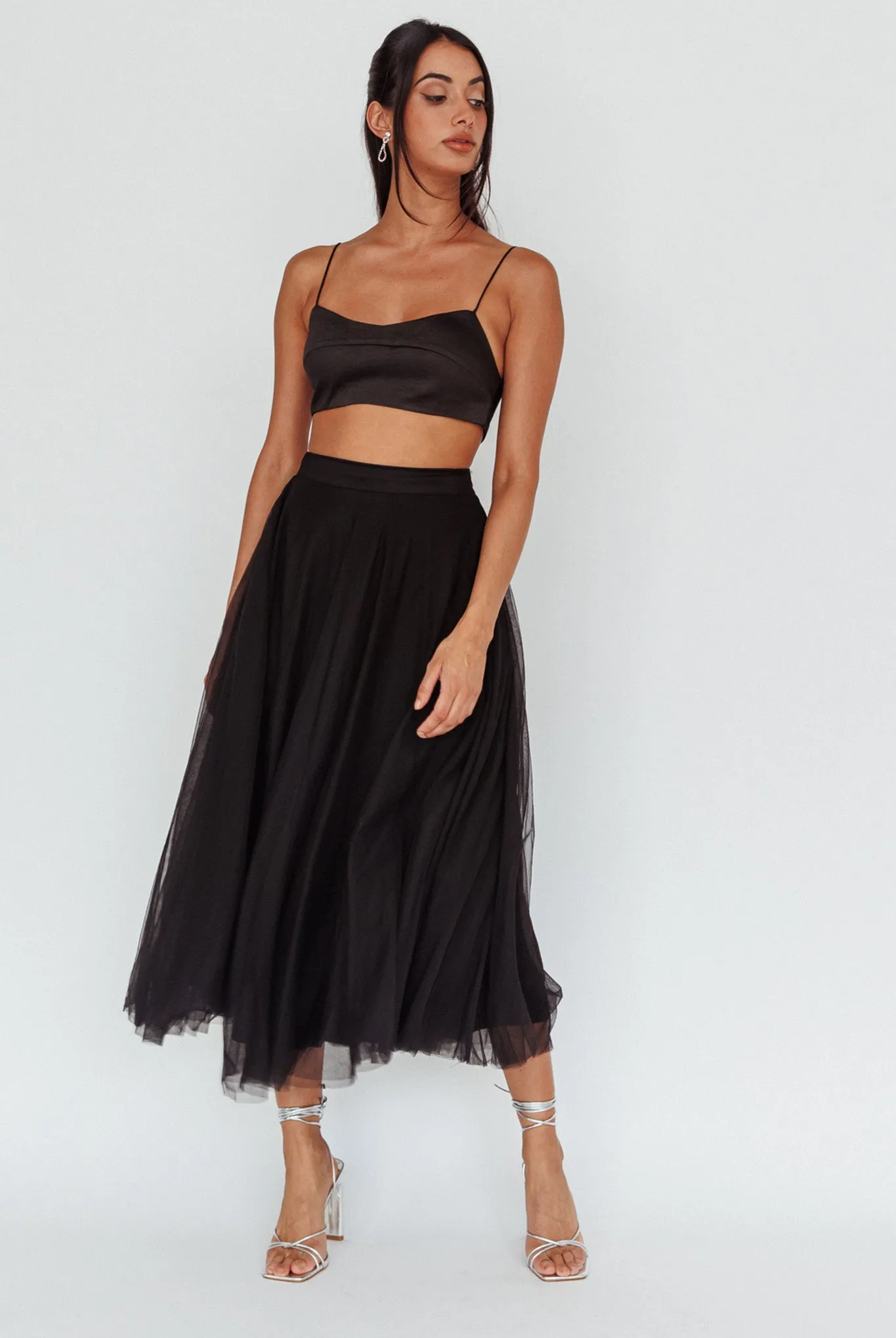 Jasmine Organza Mesh Elasticated Waist Midi Skirt Black