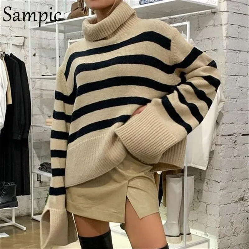 Joskaa Christmas Gift Sampic Khaki Turtleneck Sweater For Women 2024 Basic Winter Tops Pullover Knitted Y2K Oversized Striped Casual Jumpers Sweater