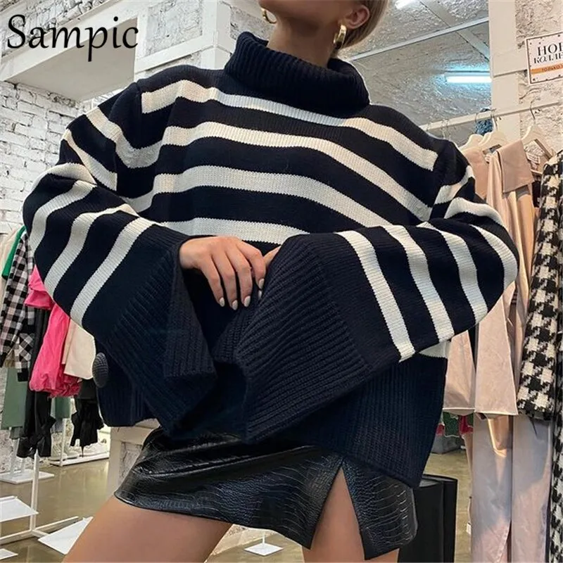 Joskaa Christmas Gift Sampic Khaki Turtleneck Sweater For Women 2024 Basic Winter Tops Pullover Knitted Y2K Oversized Striped Casual Jumpers Sweater