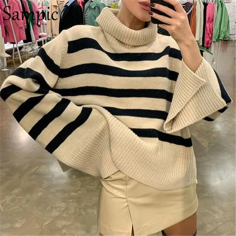 Joskaa Christmas Gift Sampic Khaki Turtleneck Sweater For Women 2024 Basic Winter Tops Pullover Knitted Y2K Oversized Striped Casual Jumpers Sweater