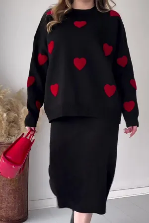 Joskaa Heart Graphic Sweater Midi Skirt Knit Suits