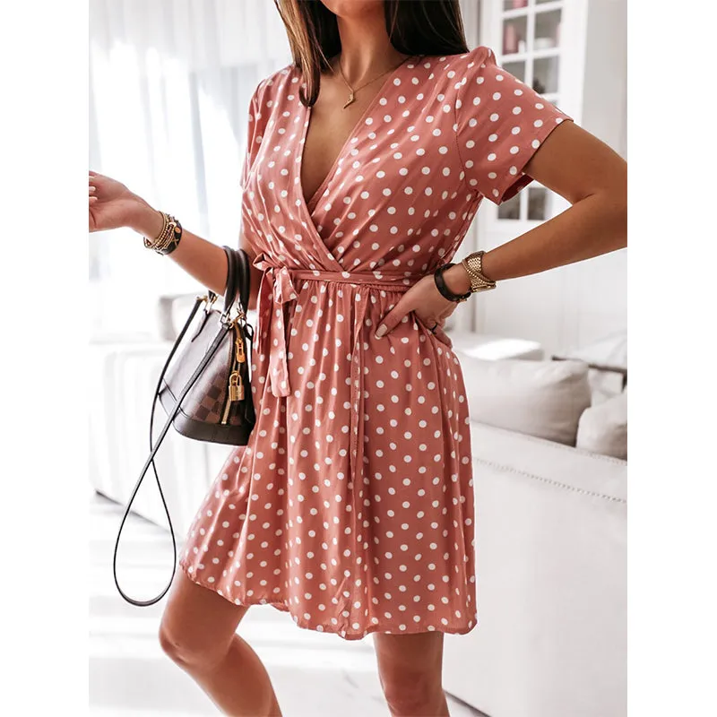 JuliaFashion - 2024 Womens Summer Short Sleeve V-Neck Polka Dot Holiday Dress