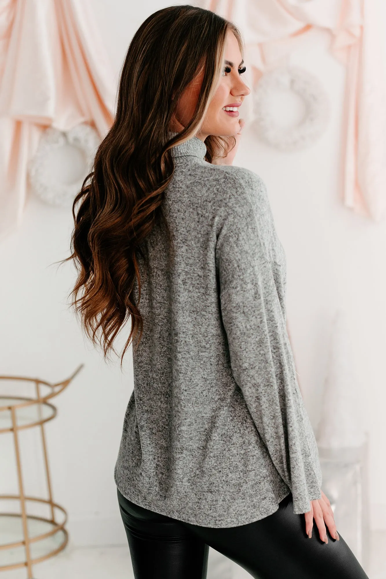 Just Saying Wide Sleeve Turtleneck Top (Heather Gray)