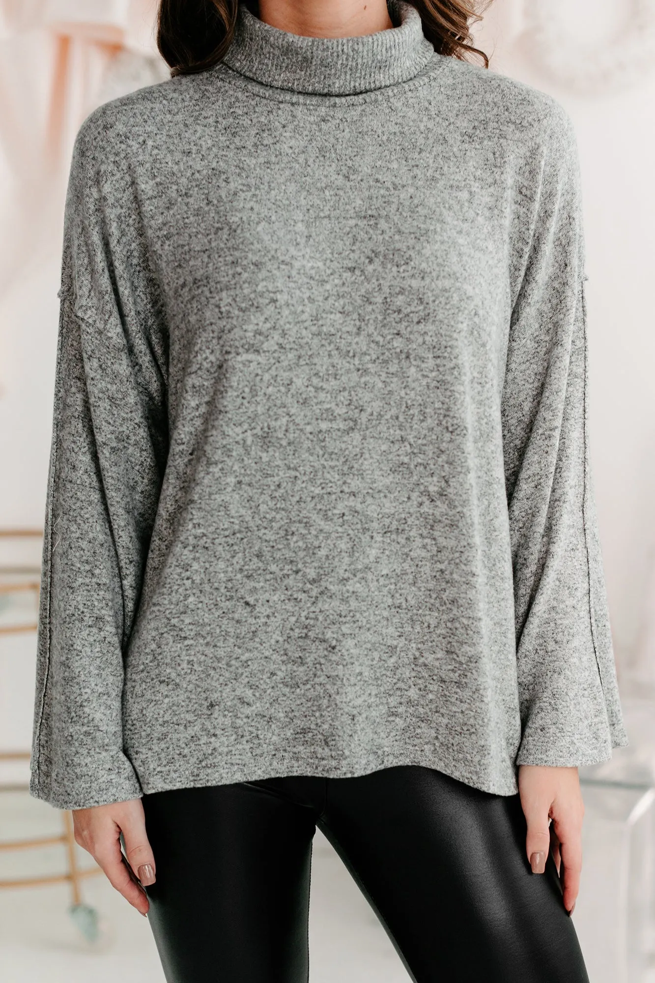 Just Saying Wide Sleeve Turtleneck Top (Heather Gray)