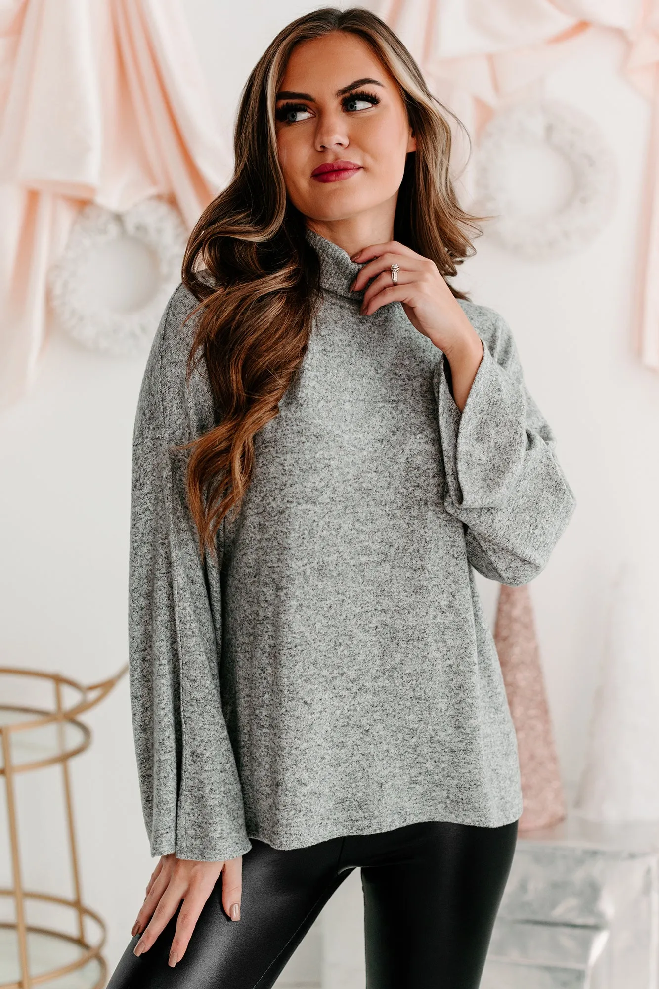 Just Saying Wide Sleeve Turtleneck Top (Heather Gray)