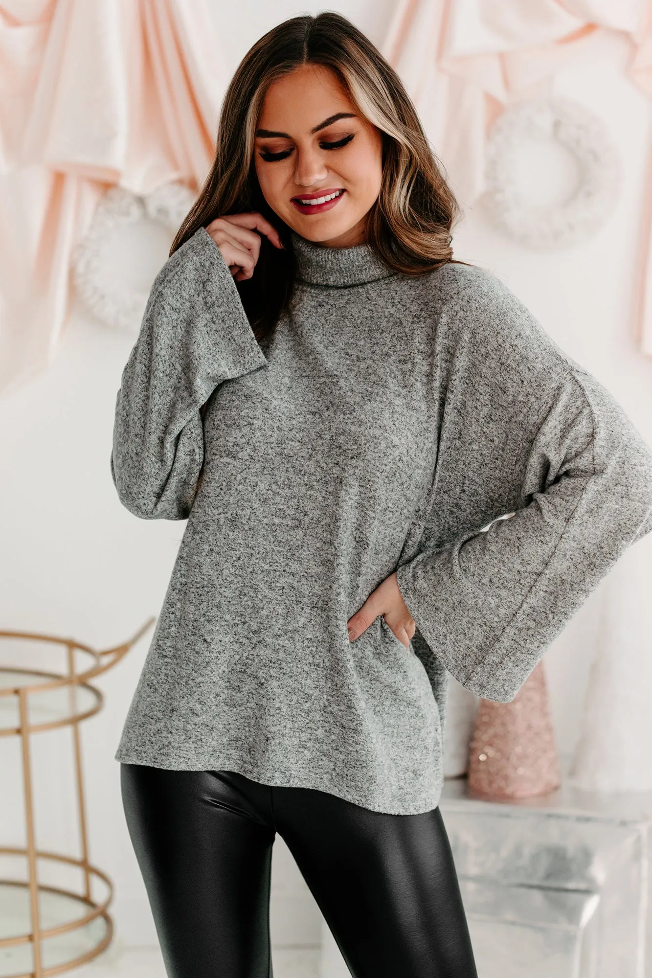 Just Saying Wide Sleeve Turtleneck Top (Heather Gray)