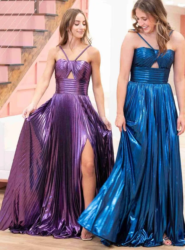 Key Hole Metallic Pleated Long Prom Dress with Slit PC1330