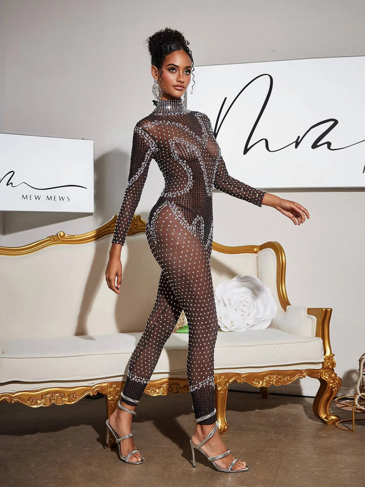 Lanen Turtleneck Rhinestone Mesh Jumpsuit