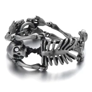 Large Stainless Steel Skull Skeleton Bracelet for Men, Gothic Punk Style with Old Used Metal Treatment, Perfect for Edgy Casual Wear or Themed Events