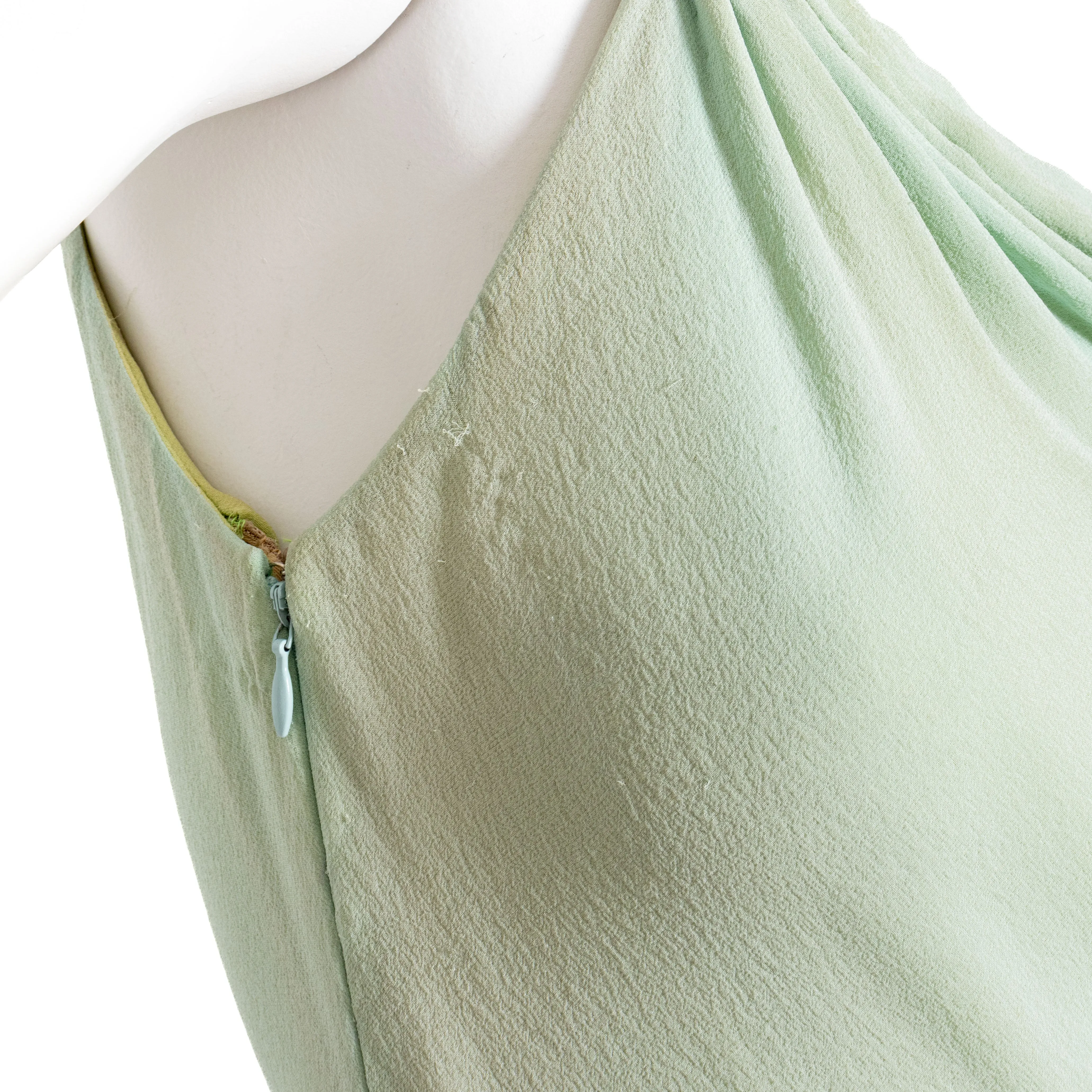 Late 1980s Green Crystal and Silk One Shoulder Dress