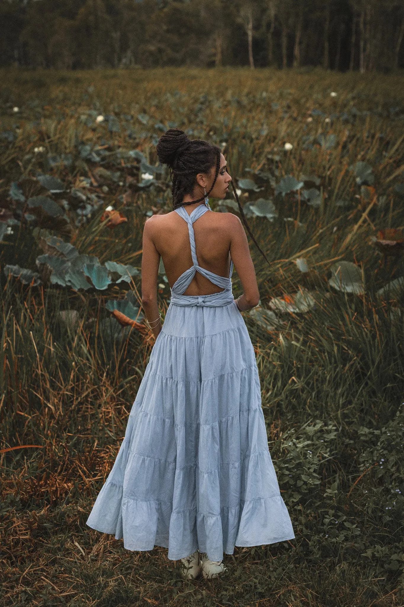 Light Blue Bohemian Adjustable Dress • Boho Evening Open Back Belly Dress