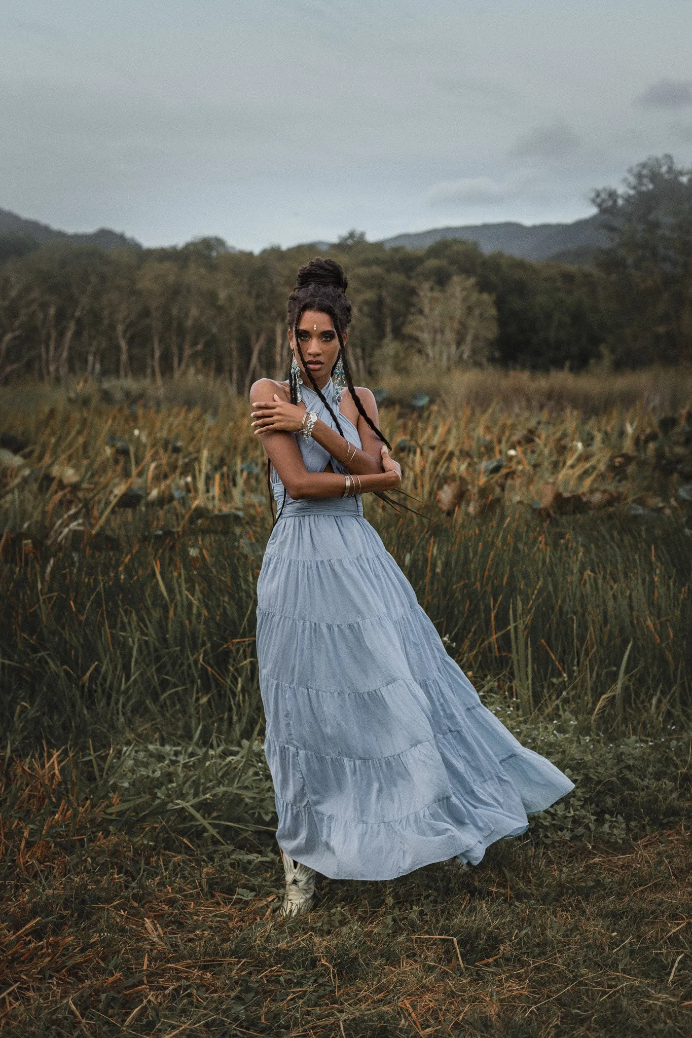 Light Blue Bohemian Adjustable Dress • Boho Evening Open Back Belly Dress