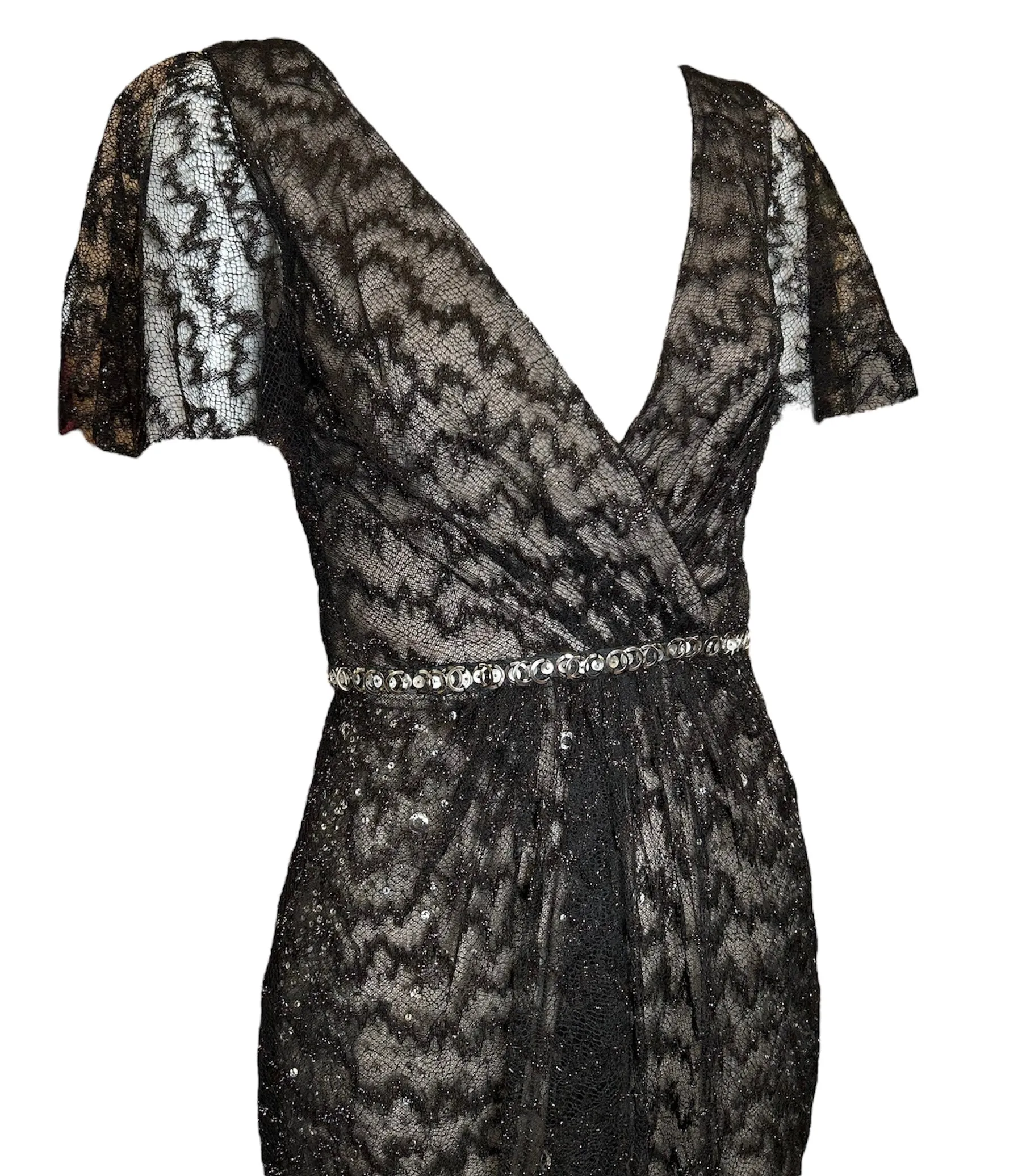 Lorena Sarbu Black Metallic Lace Flutter Sleeve Gown