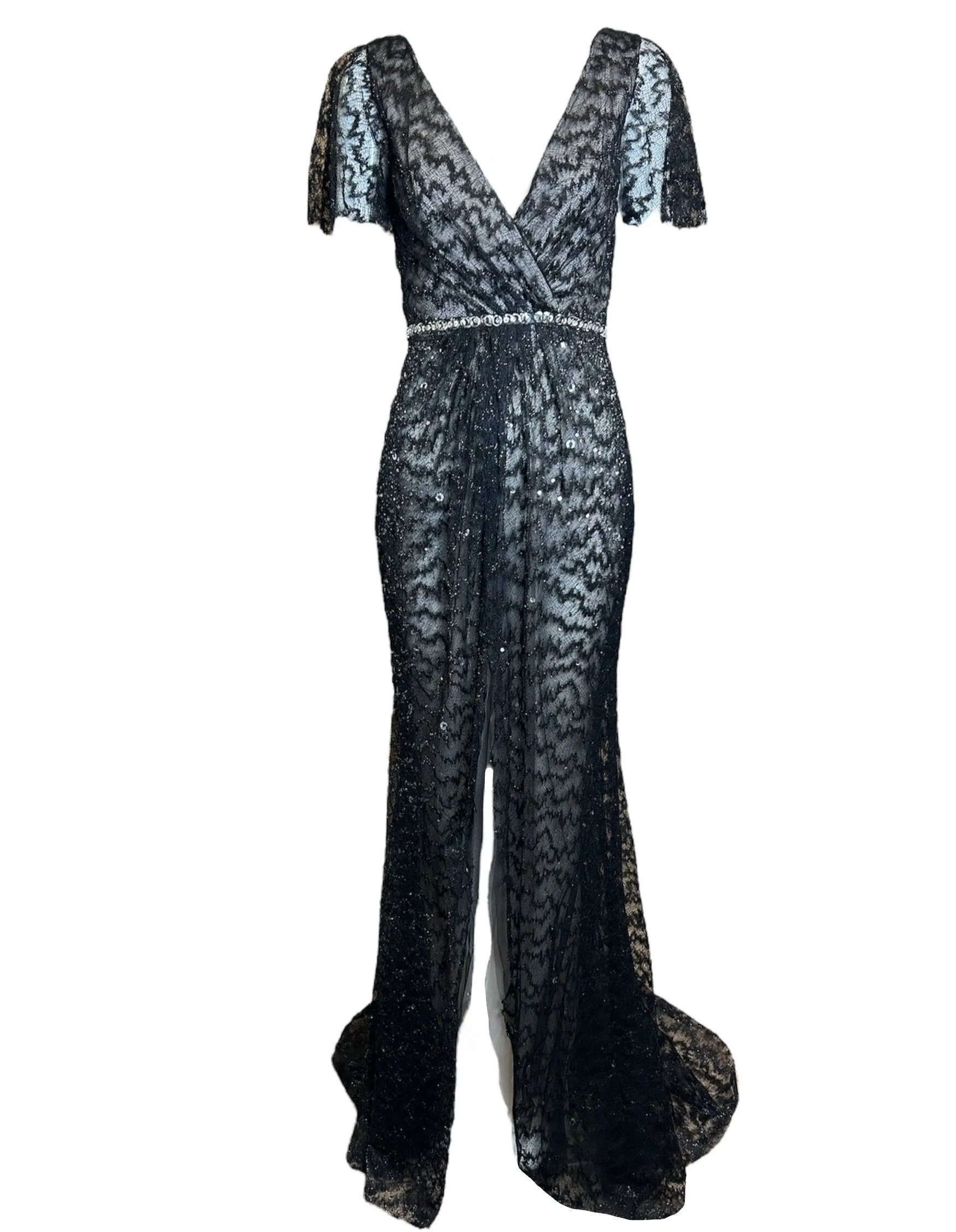 Lorena Sarbu Black Metallic Lace Flutter Sleeve Gown