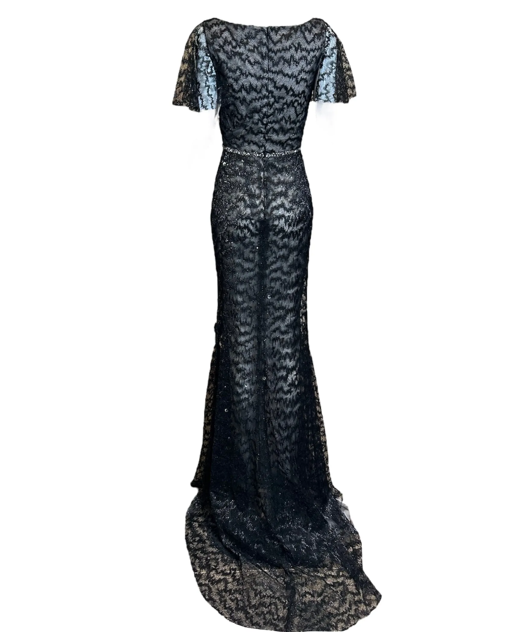 Lorena Sarbu Black Metallic Lace Flutter Sleeve Gown