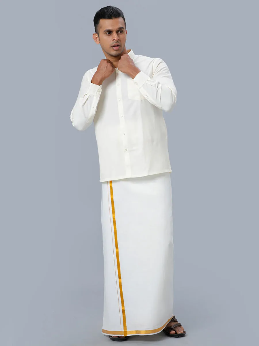 Men Cotton Full Sleeves Cream Shirt with Gold Jari 3/4" inch Double Dhoti Combo