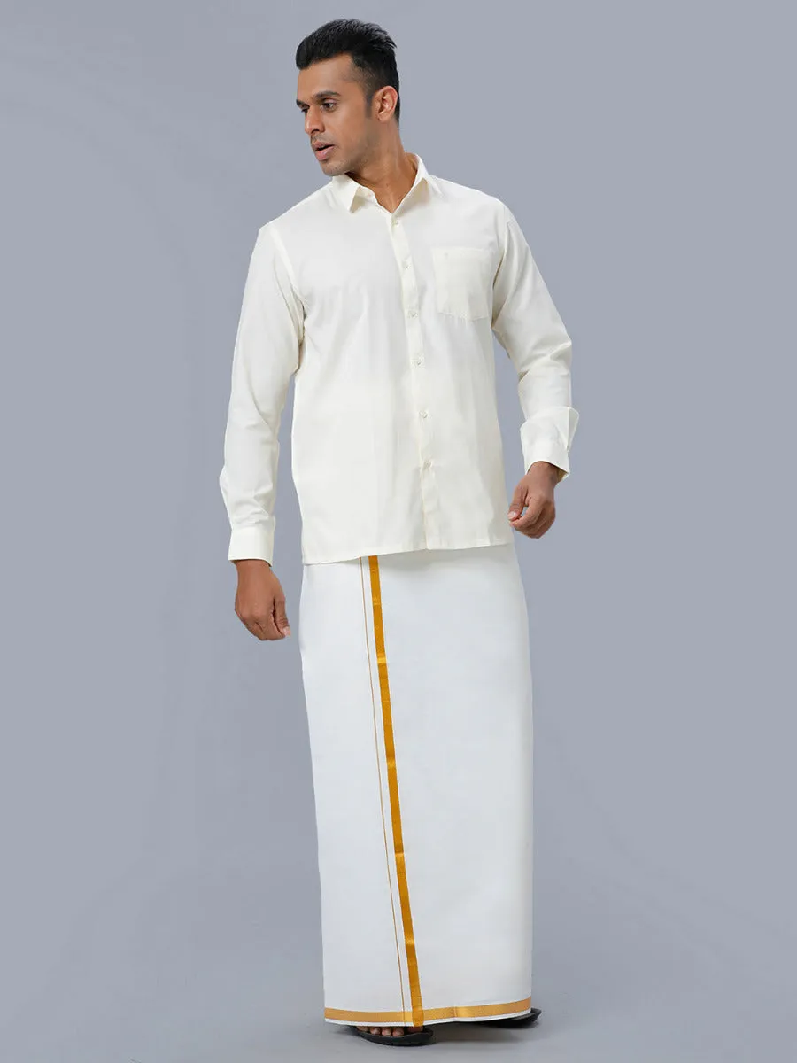 Men Cotton Full Sleeves Cream Shirt with Gold Jari 3/4" inch Double Dhoti Combo