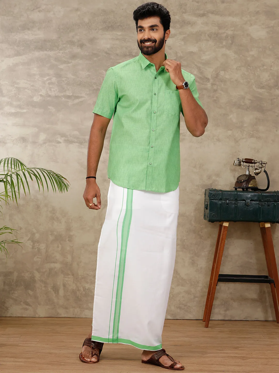 Men Matching Dhoti & Half Sleeves Shirt Set Green CC6