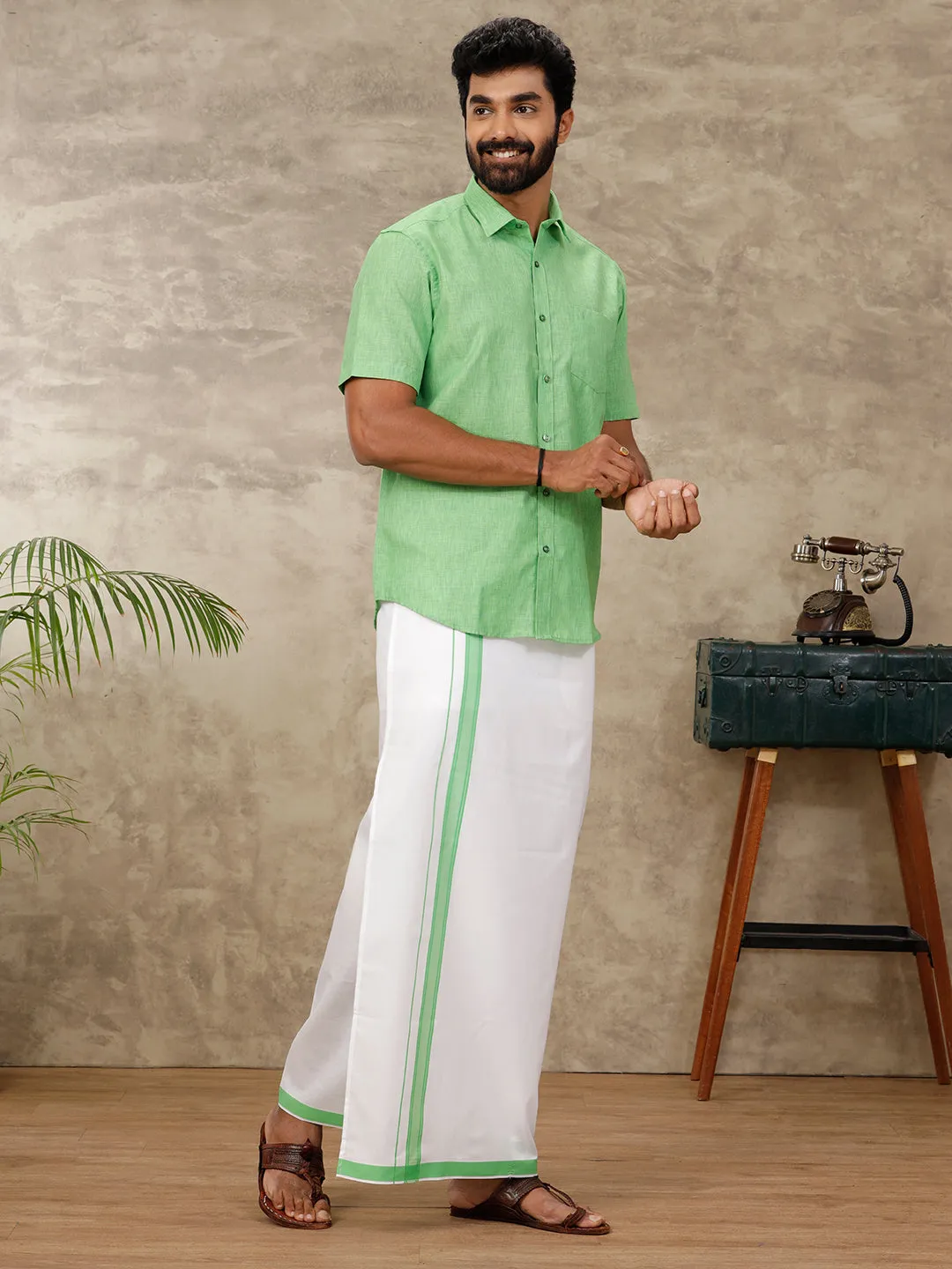 Men Matching Dhoti & Half Sleeves Shirt Set Green CC6