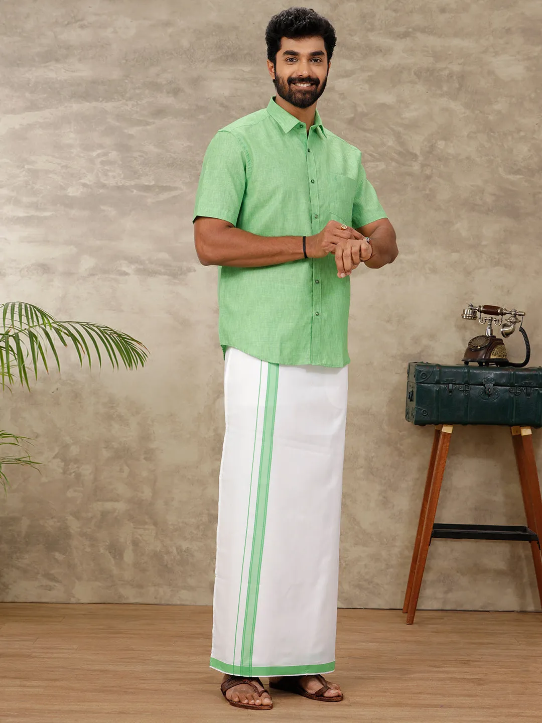 Men Matching Dhoti & Half Sleeves Shirt Set Green CC6