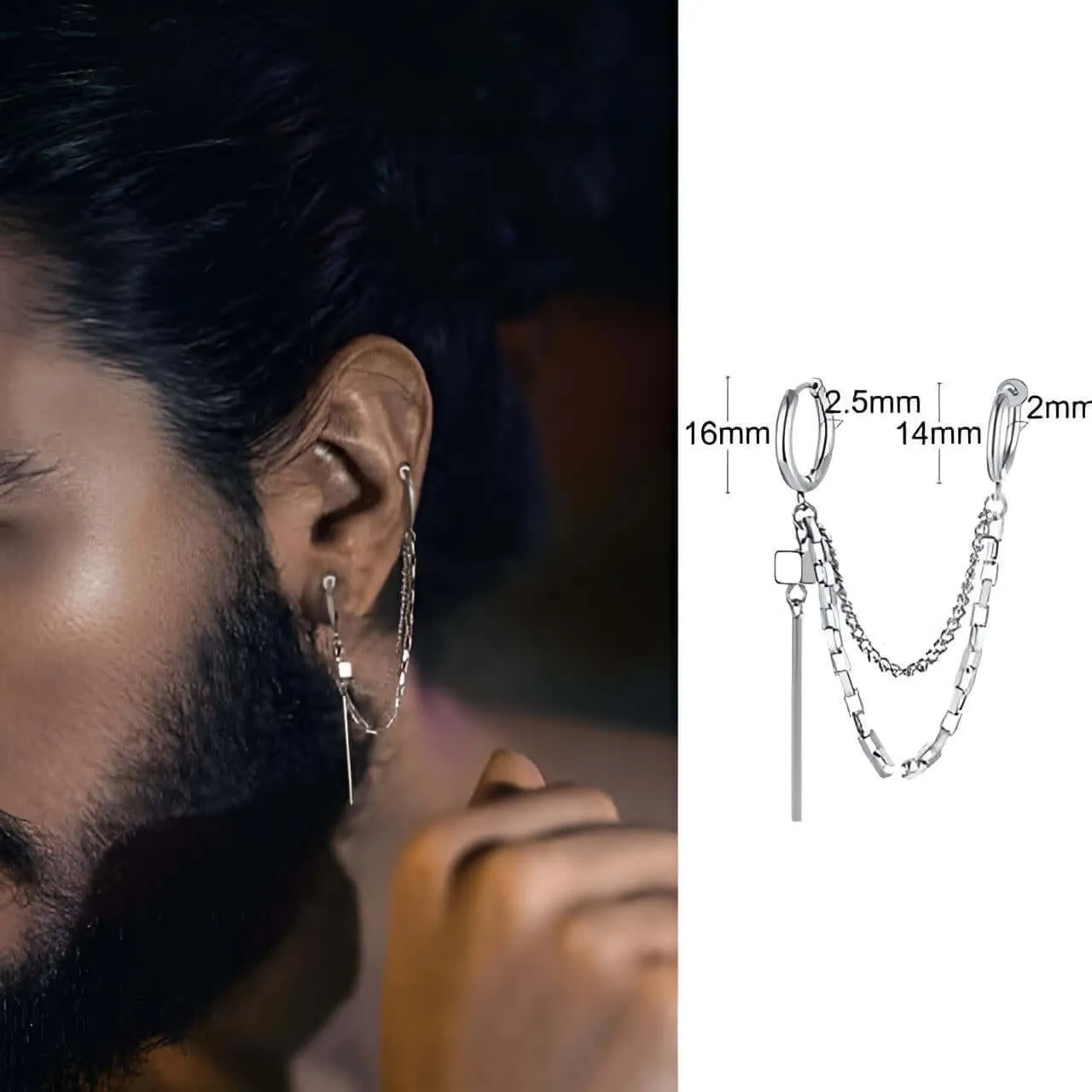 Men's Long Chain Cuff Earrings