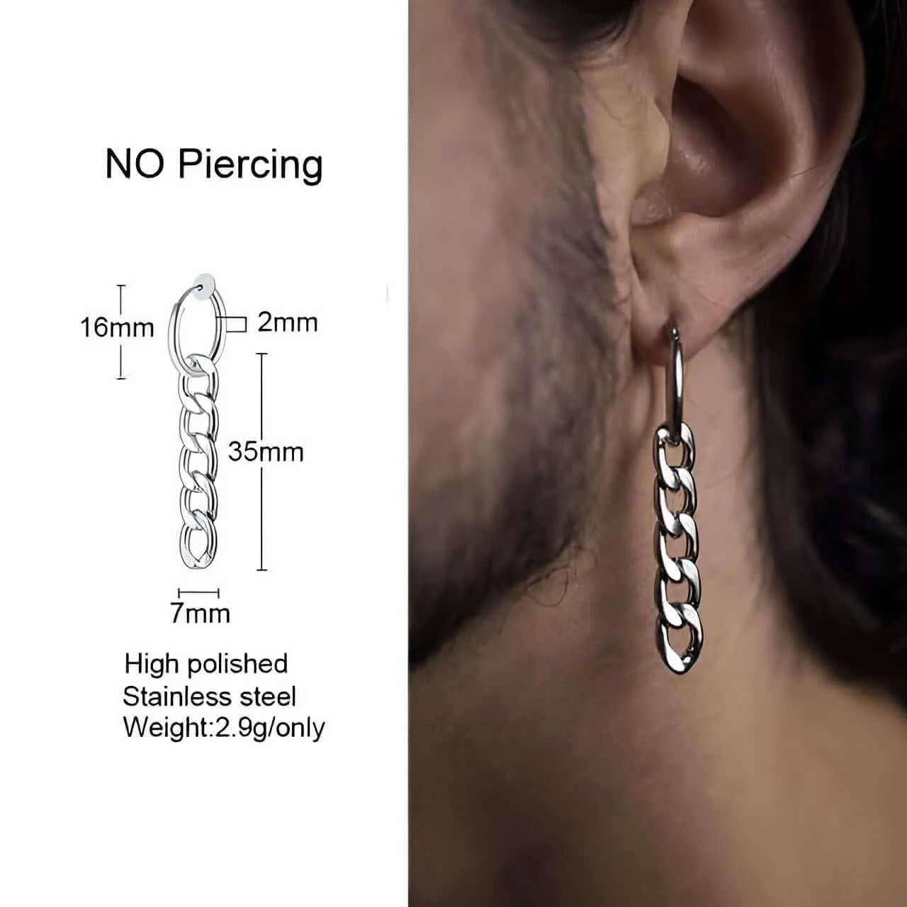 Men's Long Chain Cuff Earrings