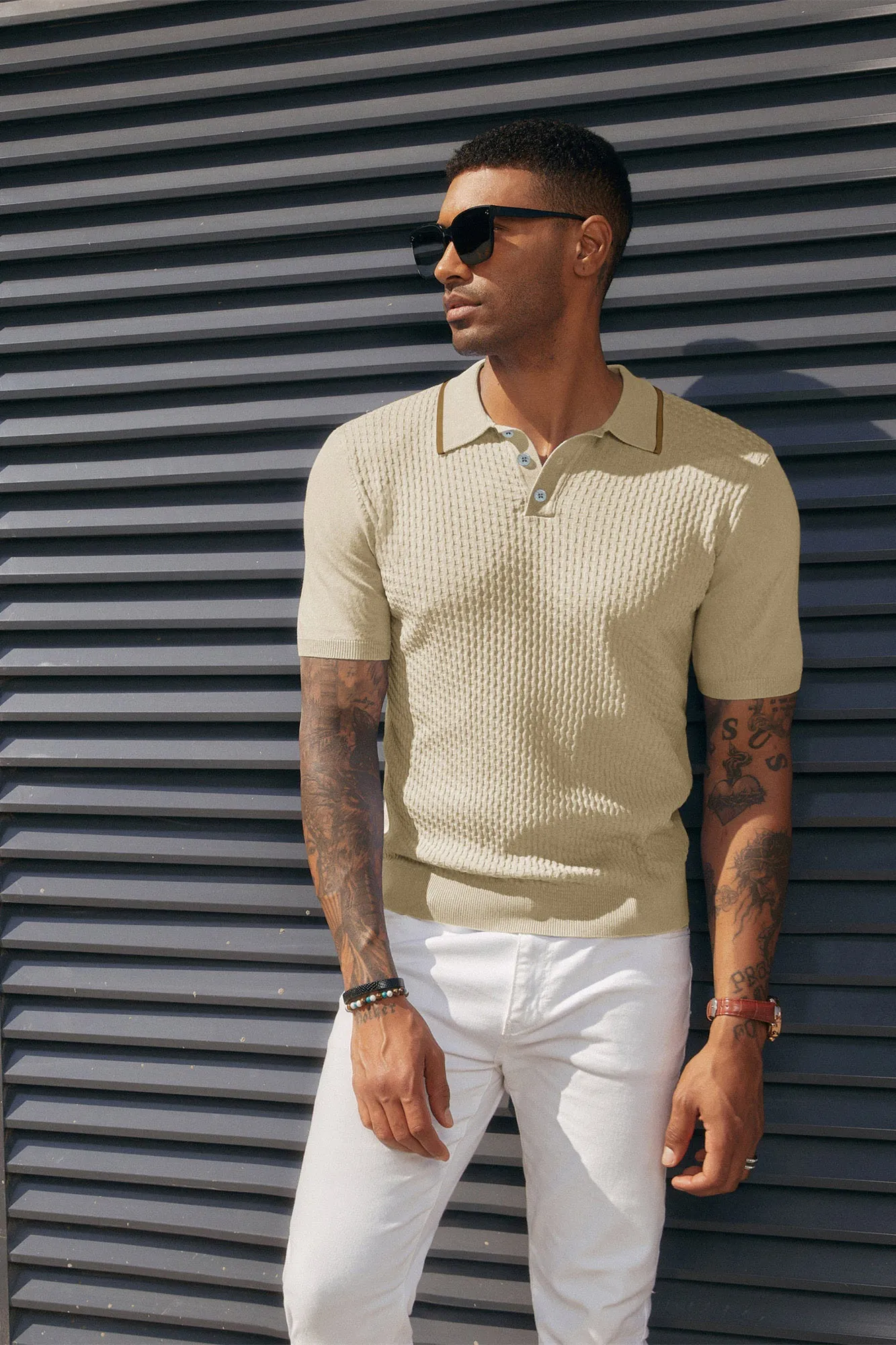 Men's Short Sleeve Knit Polo Shirts Waffle Texture Knit Shirt