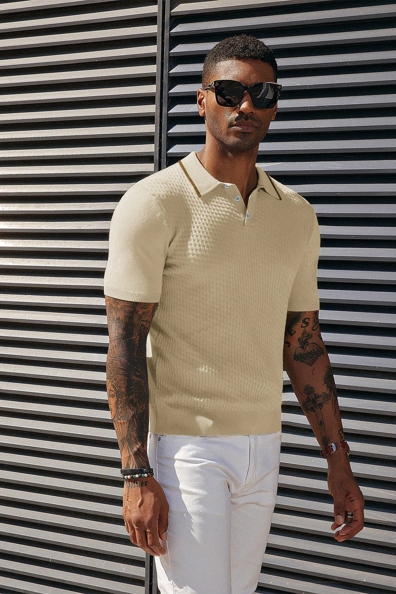 Men's Short Sleeve Knit Polo Shirts Waffle Texture Knit Shirt