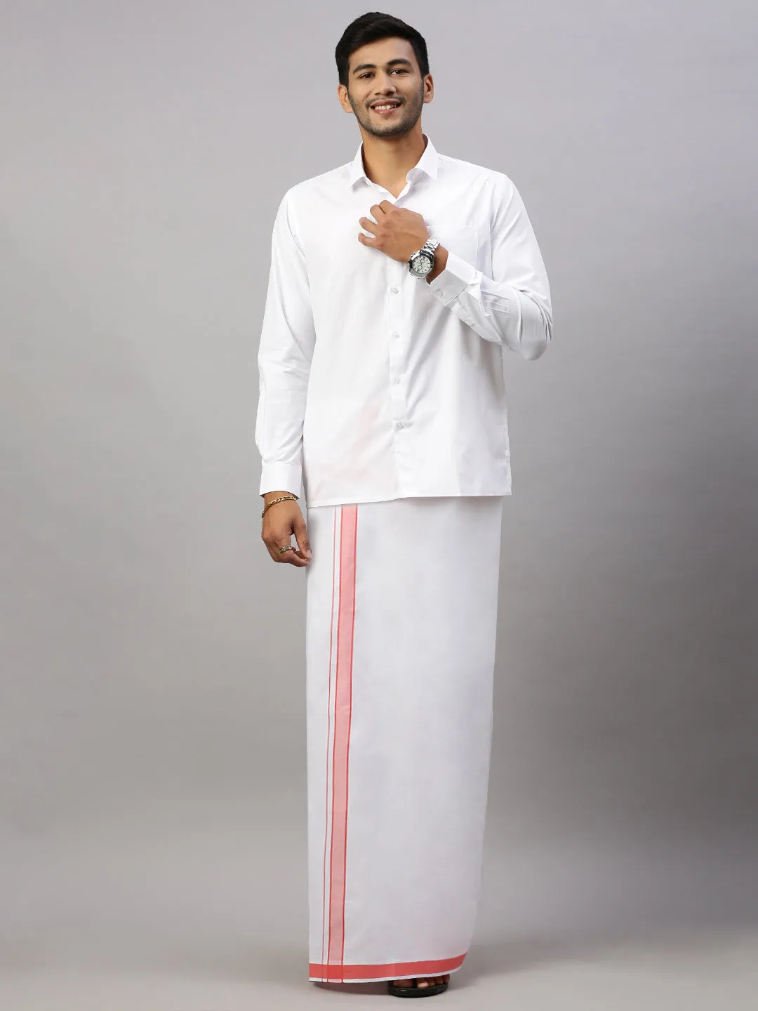 Mens White Shirt with Pink Fancy Border Dhoti Combo WP09