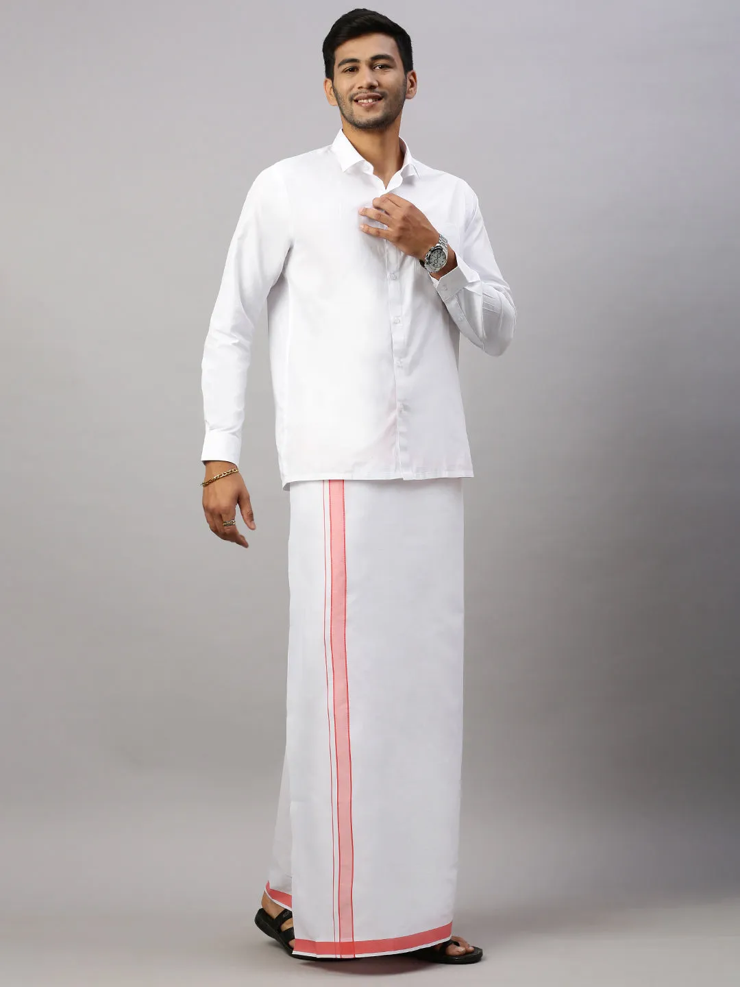 Mens White Shirt with Pink Fancy Border Dhoti Combo WP09