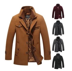 Men's Winter Pea Coat Casual Woolen Trench Coat Single Breasted Short Wool Jacket | 1303