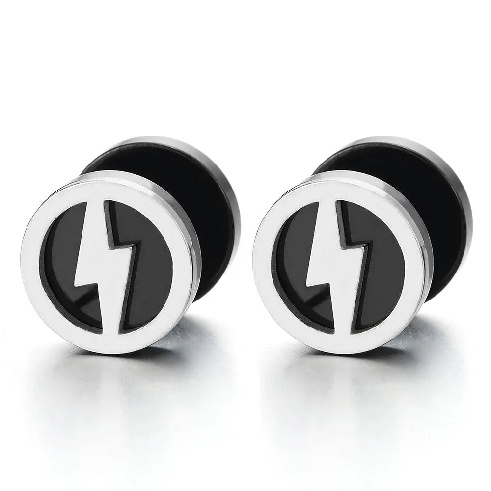 Mens Women Lightning Bolt Silver Black Circle Stud Earrings, Steel Cheater Fake Ear Plugs Gauges