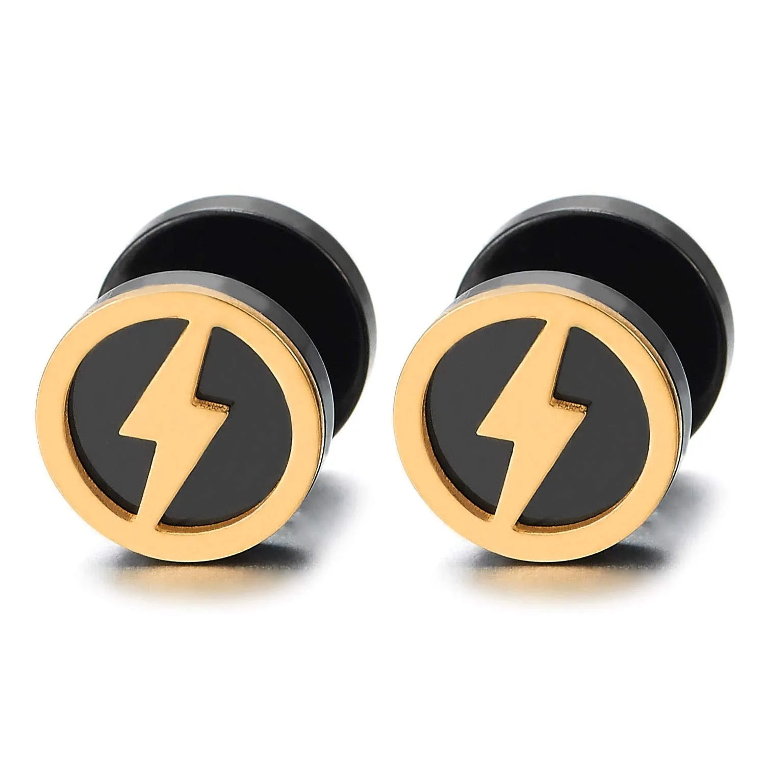 Mens Women Lightning Bolt Silver Black Circle Stud Earrings, Steel Cheater Fake Ear Plugs Gauges