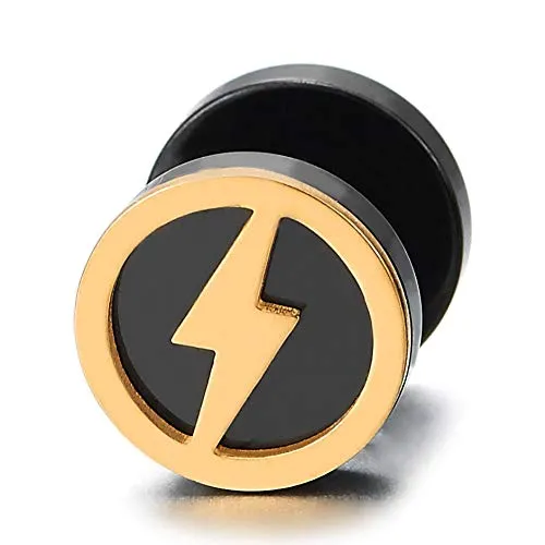 Mens Women Lightning Bolt Silver Black Circle Stud Earrings, Steel Cheater Fake Ear Plugs Gauges