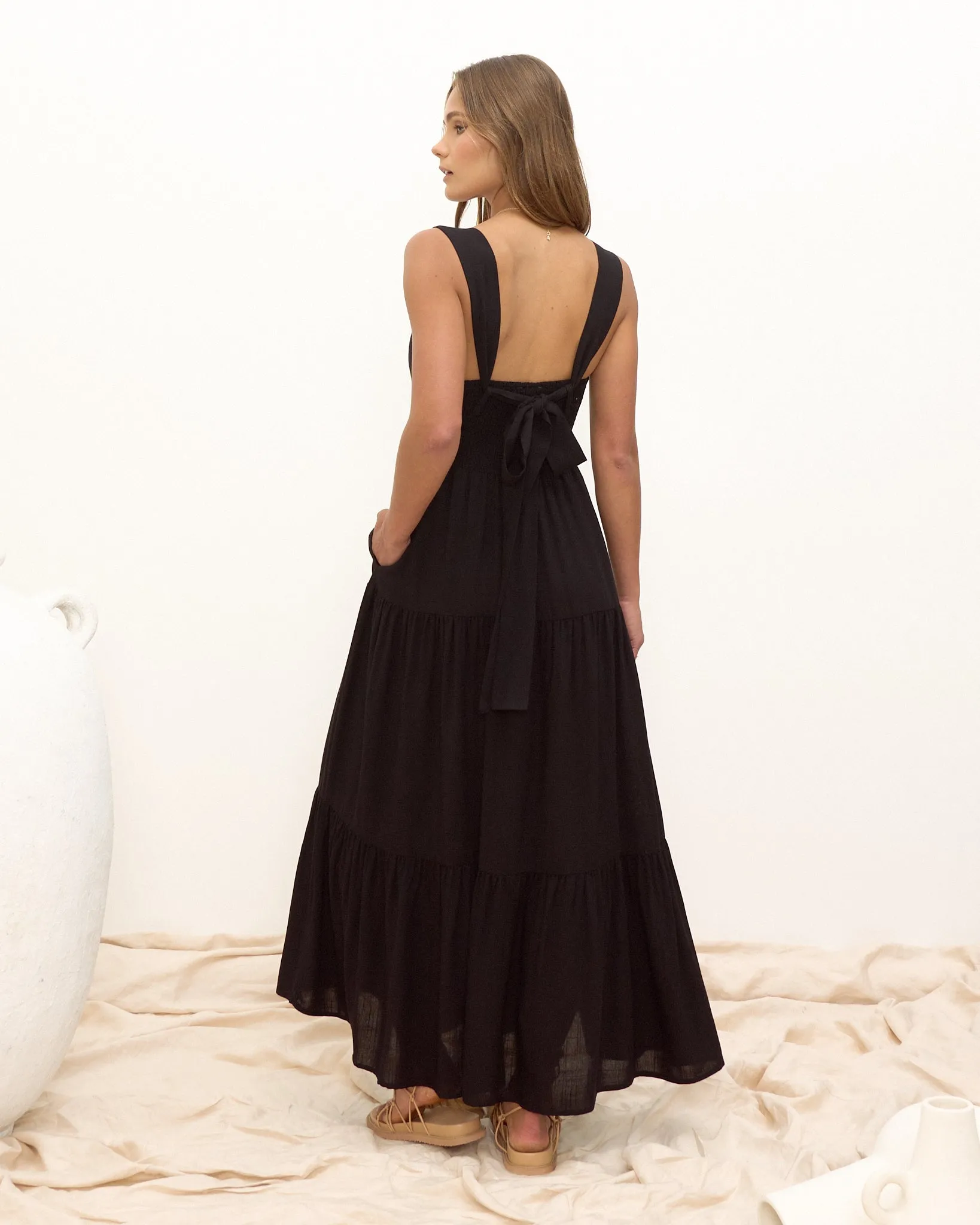 Myah Black Tiered Midi Dress