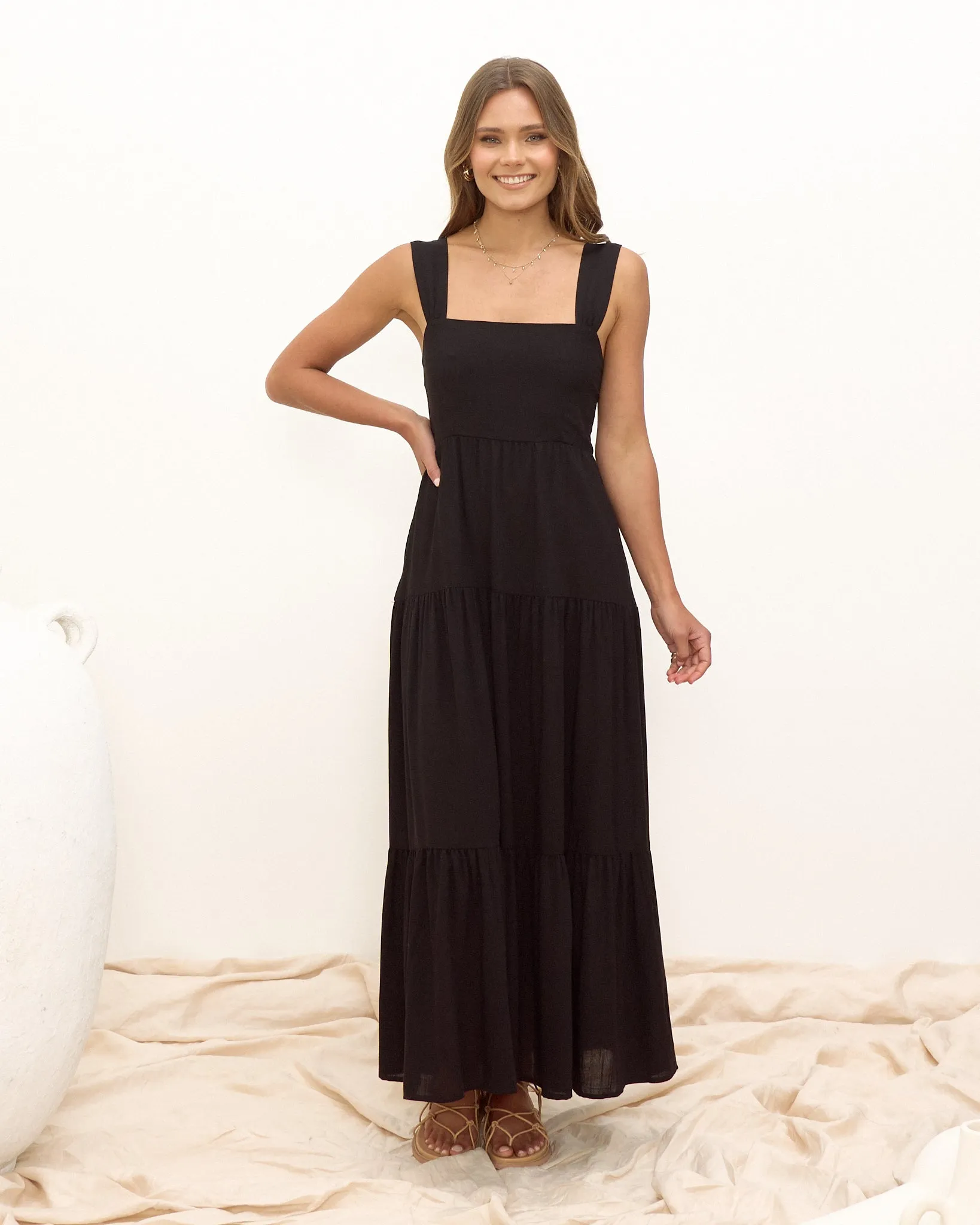 Myah Black Tiered Midi Dress